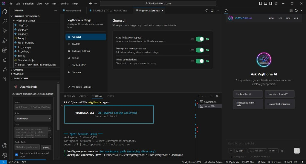 Vigthoria Code IDE with AI panel and native models